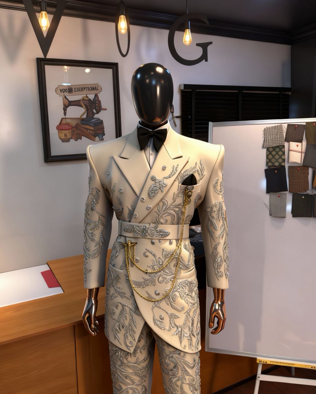 Pearl Scroll Ivory Silver Embroidered Executive Double-Breasted Suit