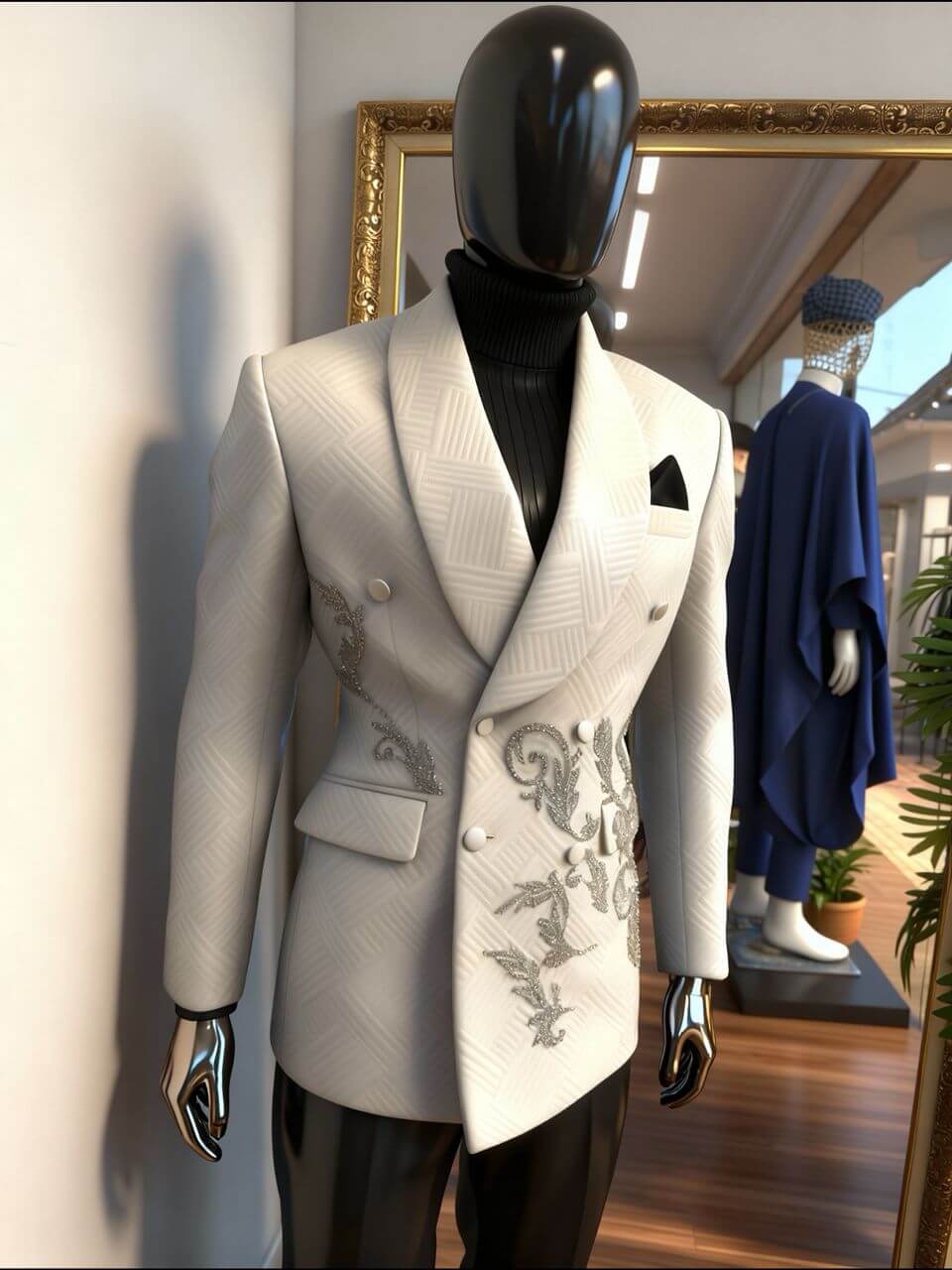 Ivory Jacquard Blazer with Crystal Floral Cascade Men's Suit
