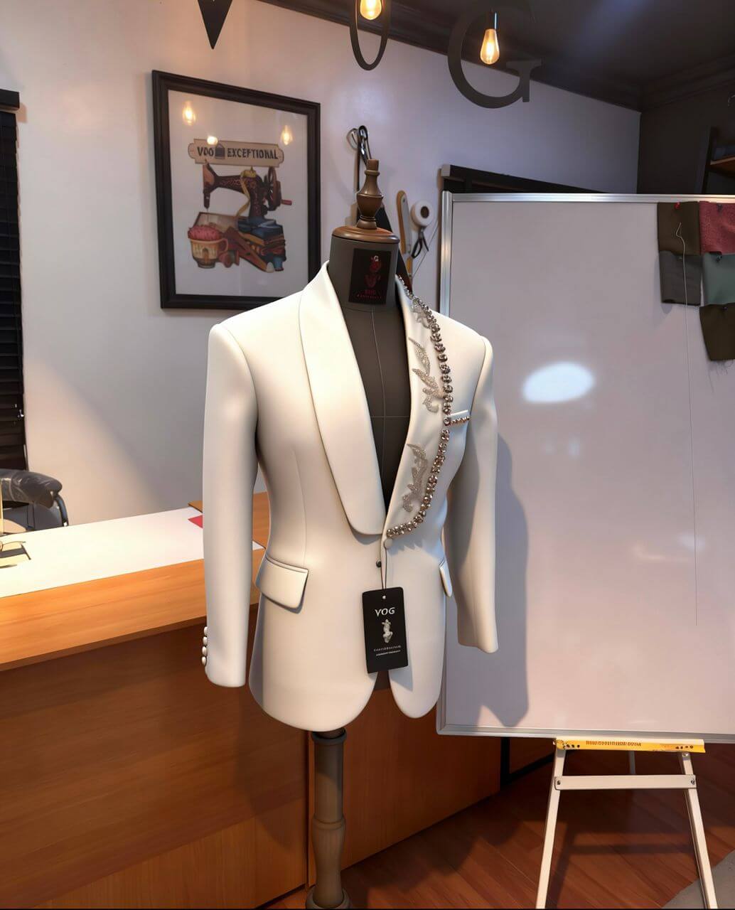 White Wool Blazer with Crystal Beaded Lapel Trail Men's Suit
