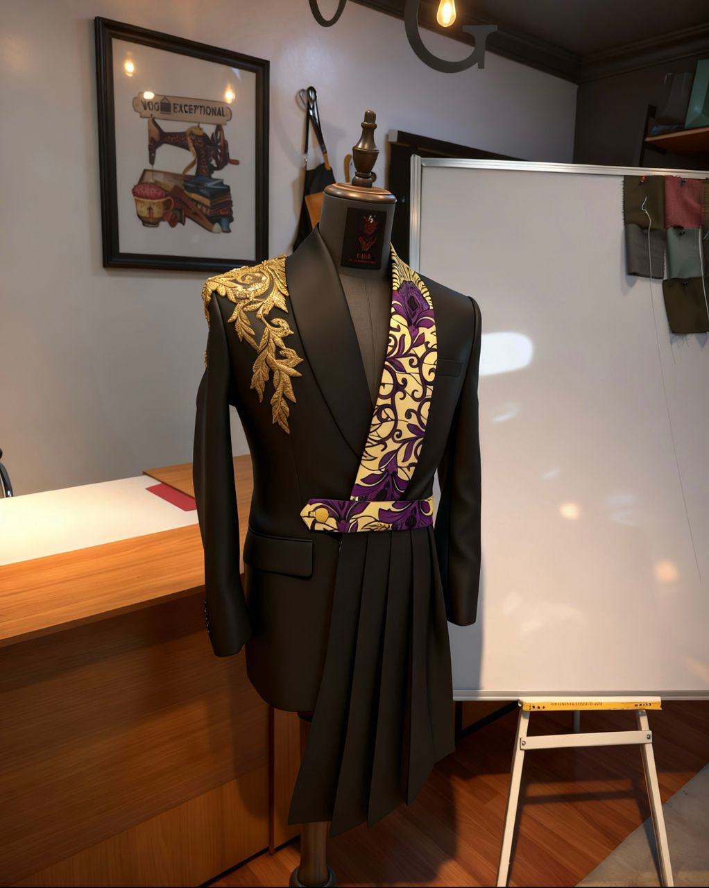 Black Wool Jacket with Ankara Lapel & Peplum Drape Men's Suit