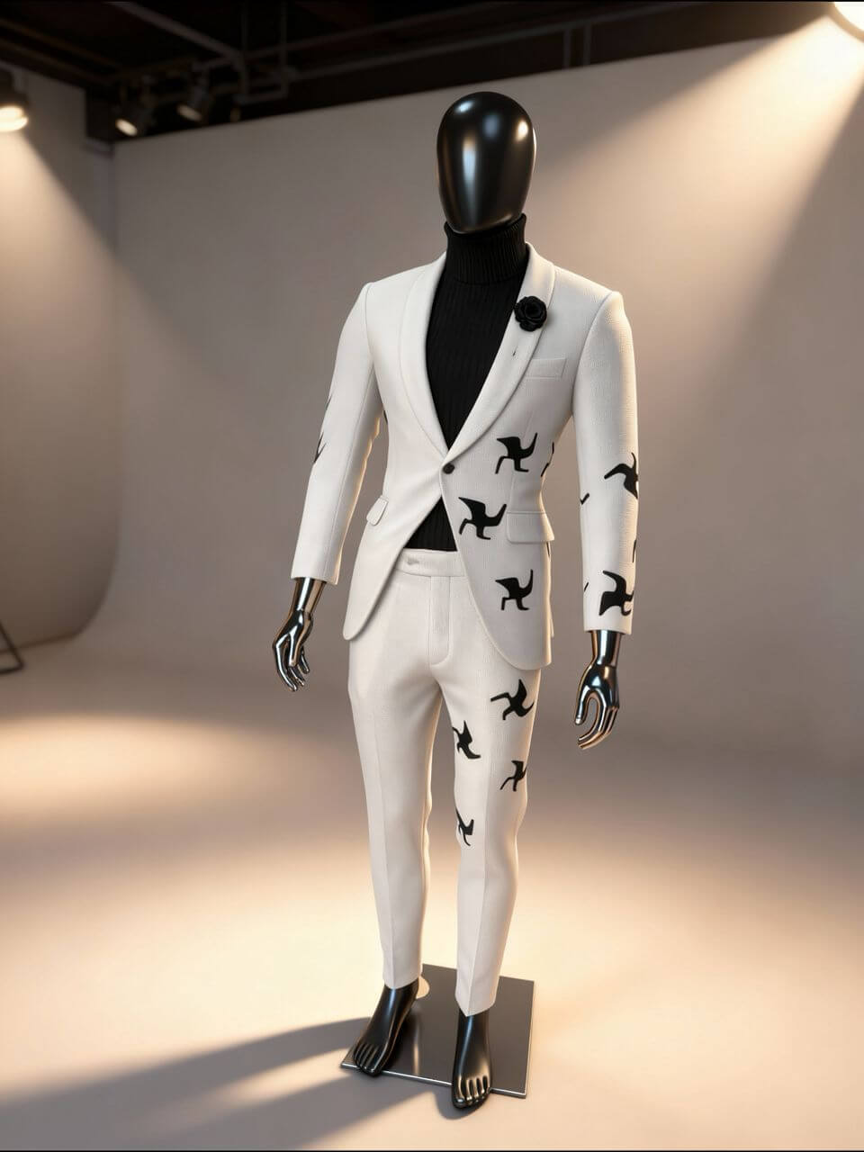 White Wool Suit with Bird-Print & Rose Lapel Pin Men's Suit