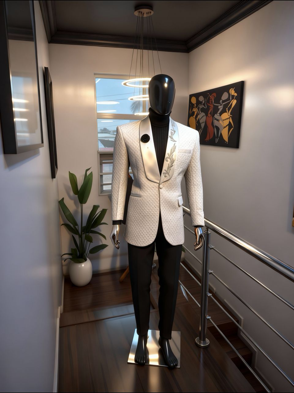 Men's Quilted White Tuxedo with Embroidered Satin Lapel Suit