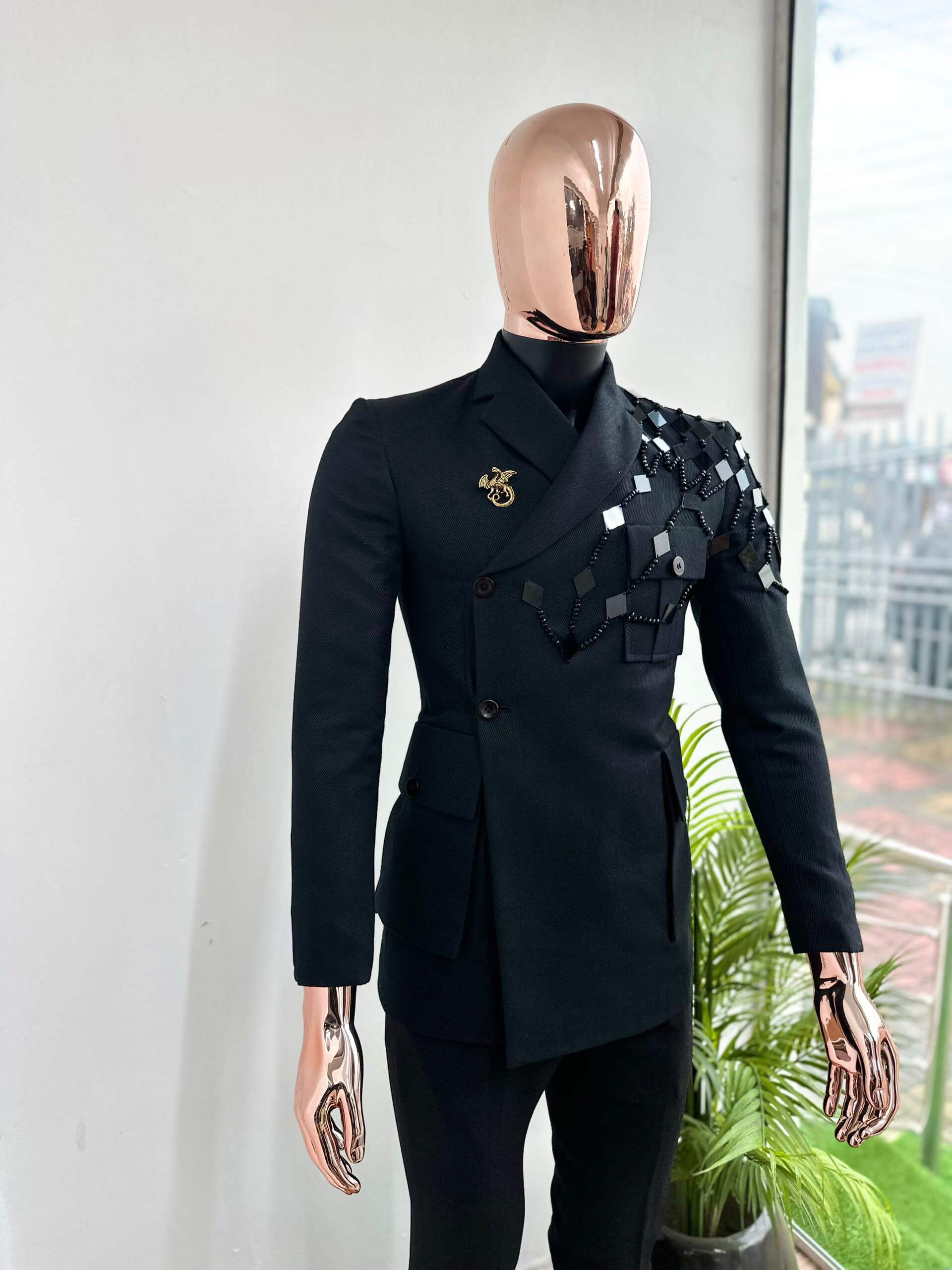 Men's Black Wool Wrap Jacket with Beaded Mirror-Tile Shoulder Suit
