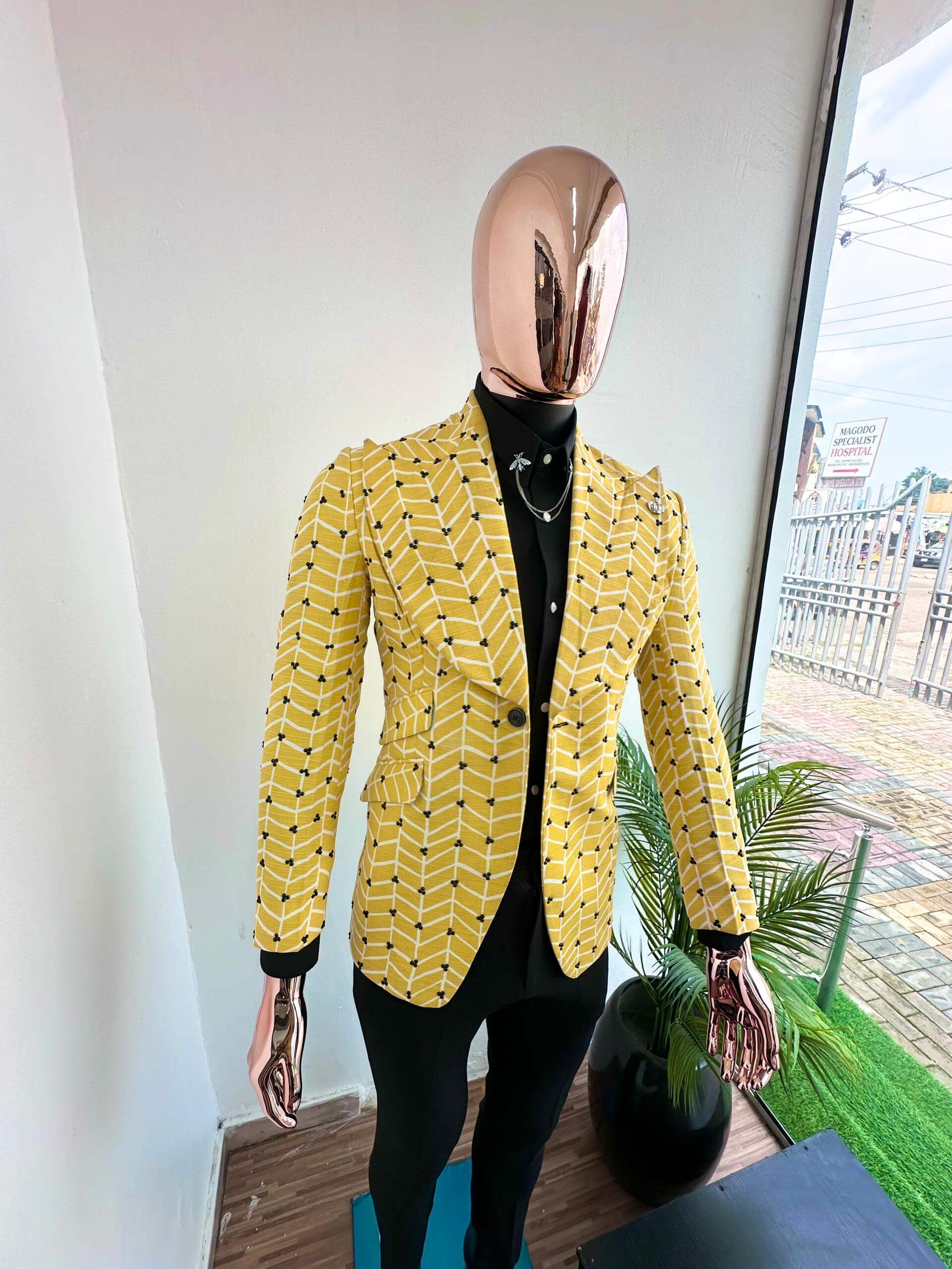 Men's Yellow Herringbone Blazer with Swarovski Bee Pin Suit