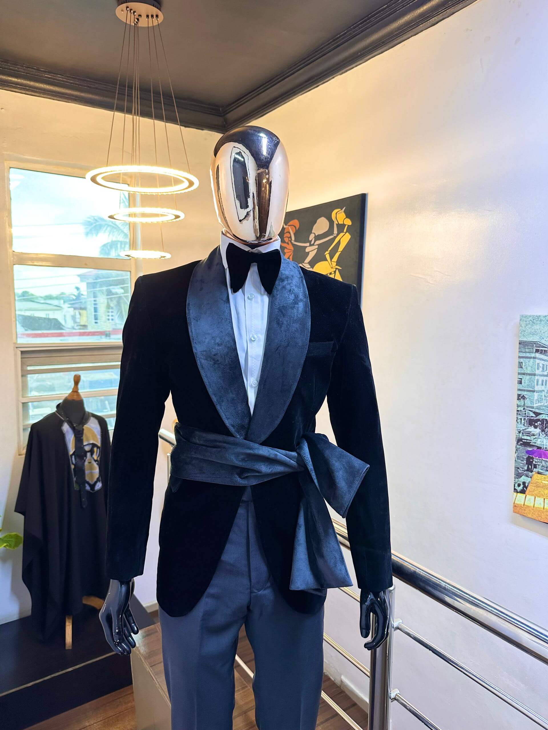 Men's Black Suede Shawl Blazer with Sash Waist Tie Suit