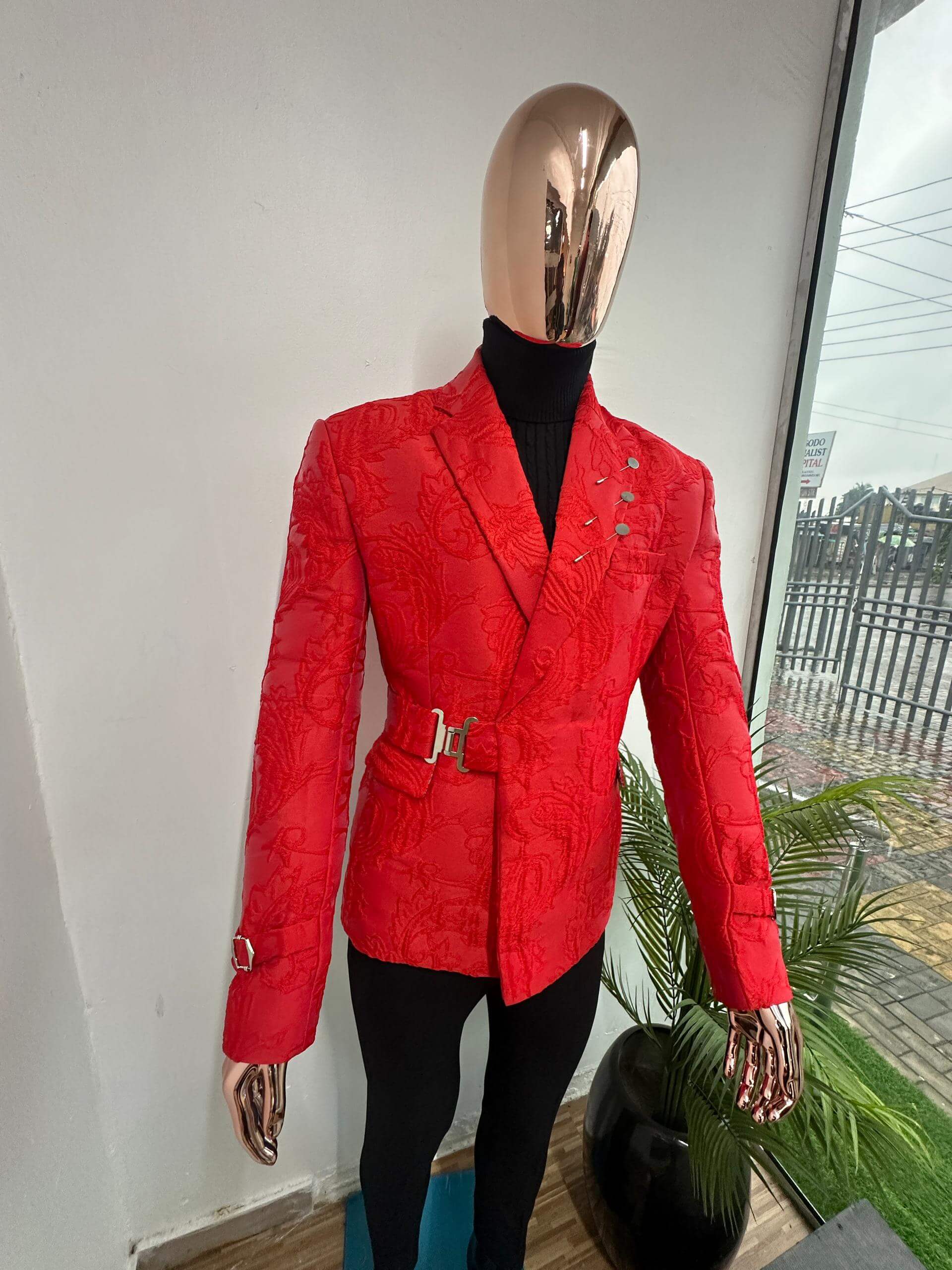 Men's Red Damask Blazer with Side Buckle Closure Suit