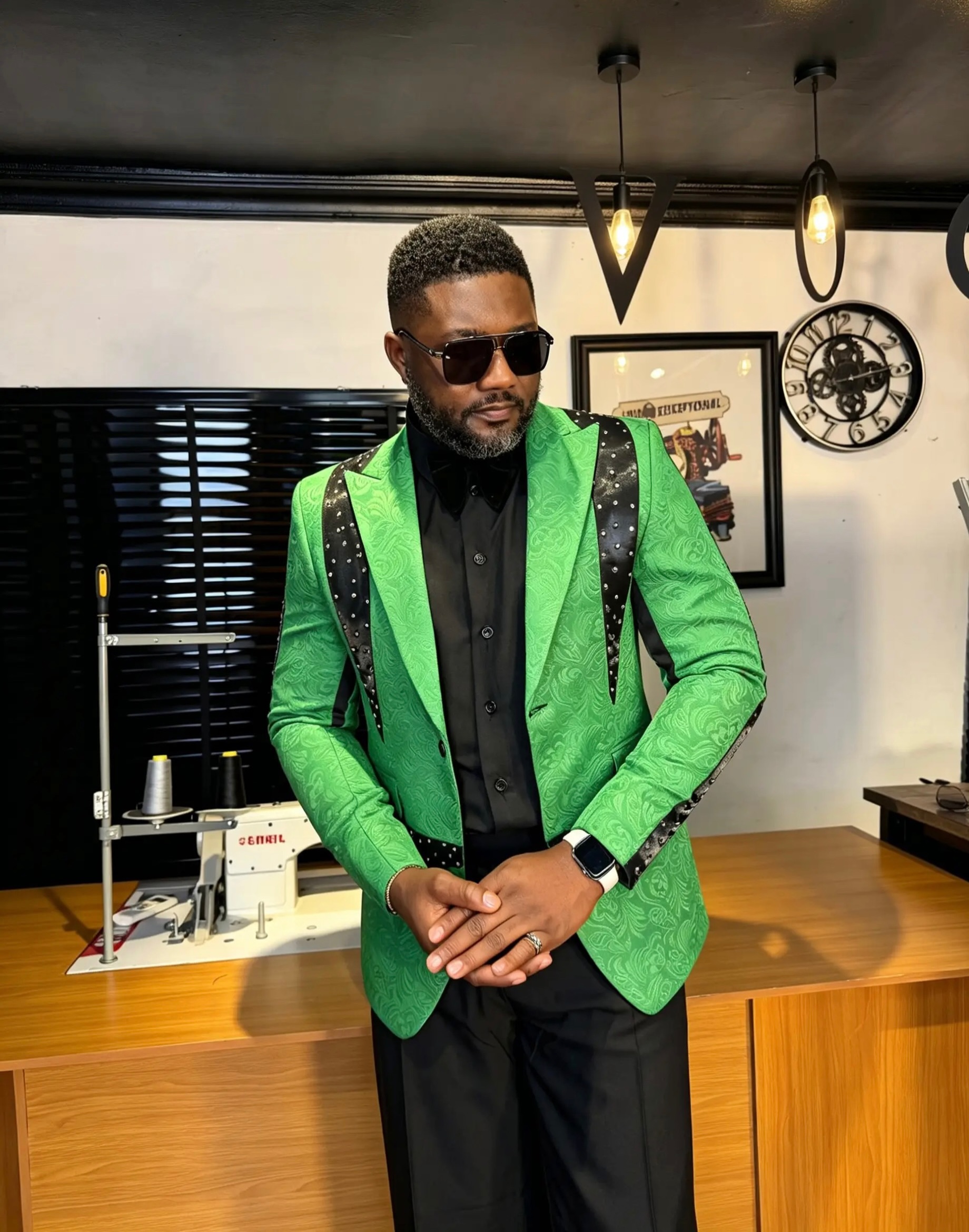 Men's Green Brocade Blazer with Crystal-Studded Lapel Suit