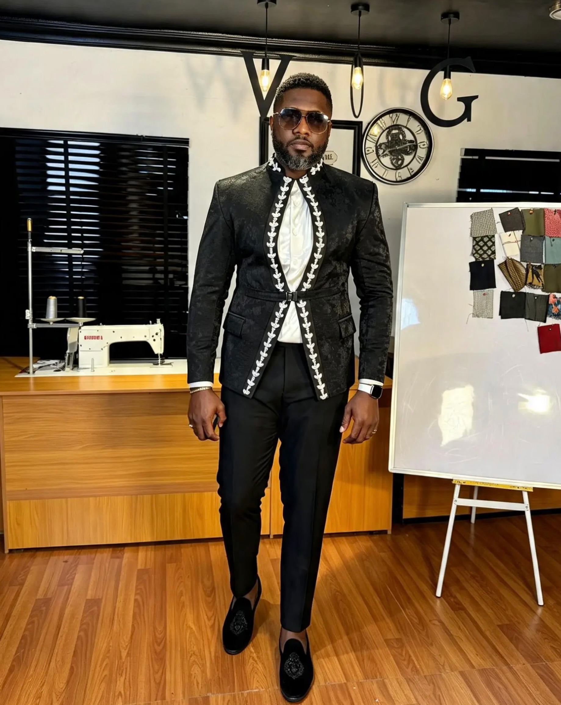 Men's Black Jacquard Blazer with Crystal Leaf Trim Suit