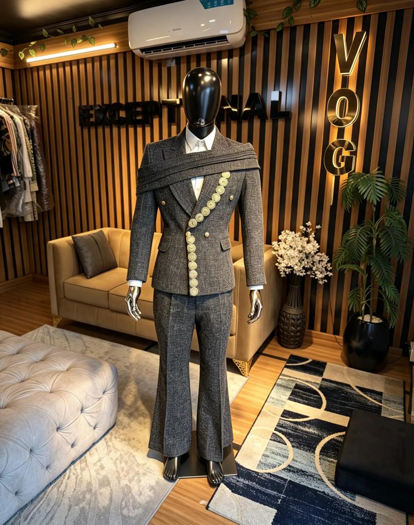 Charcoal Tweed Suit with Wrapped Collar & Gold Coins