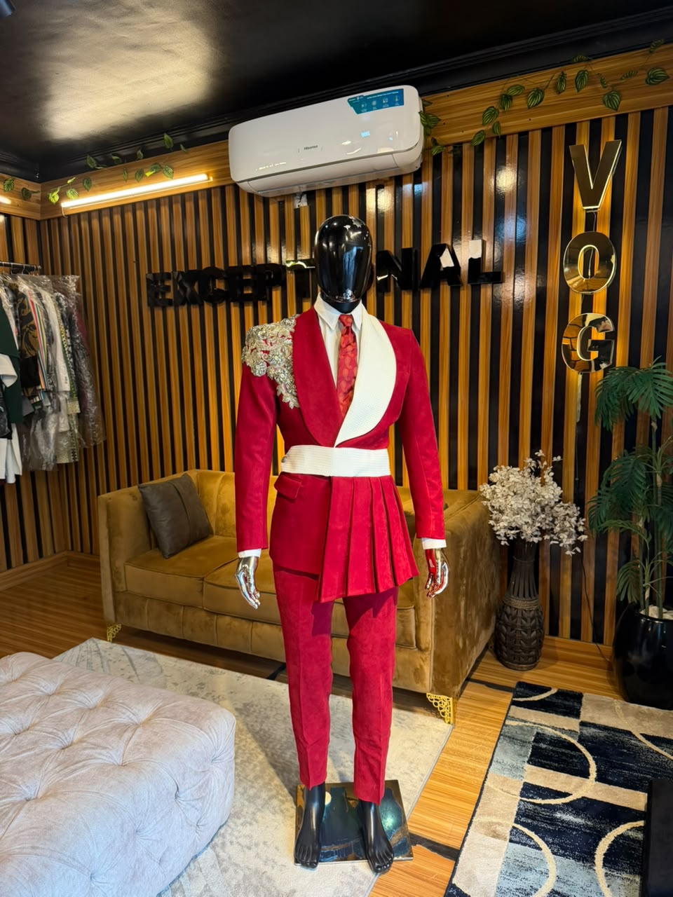 Red Wool Jacket with Crystal Epaulette & Pleated Sash