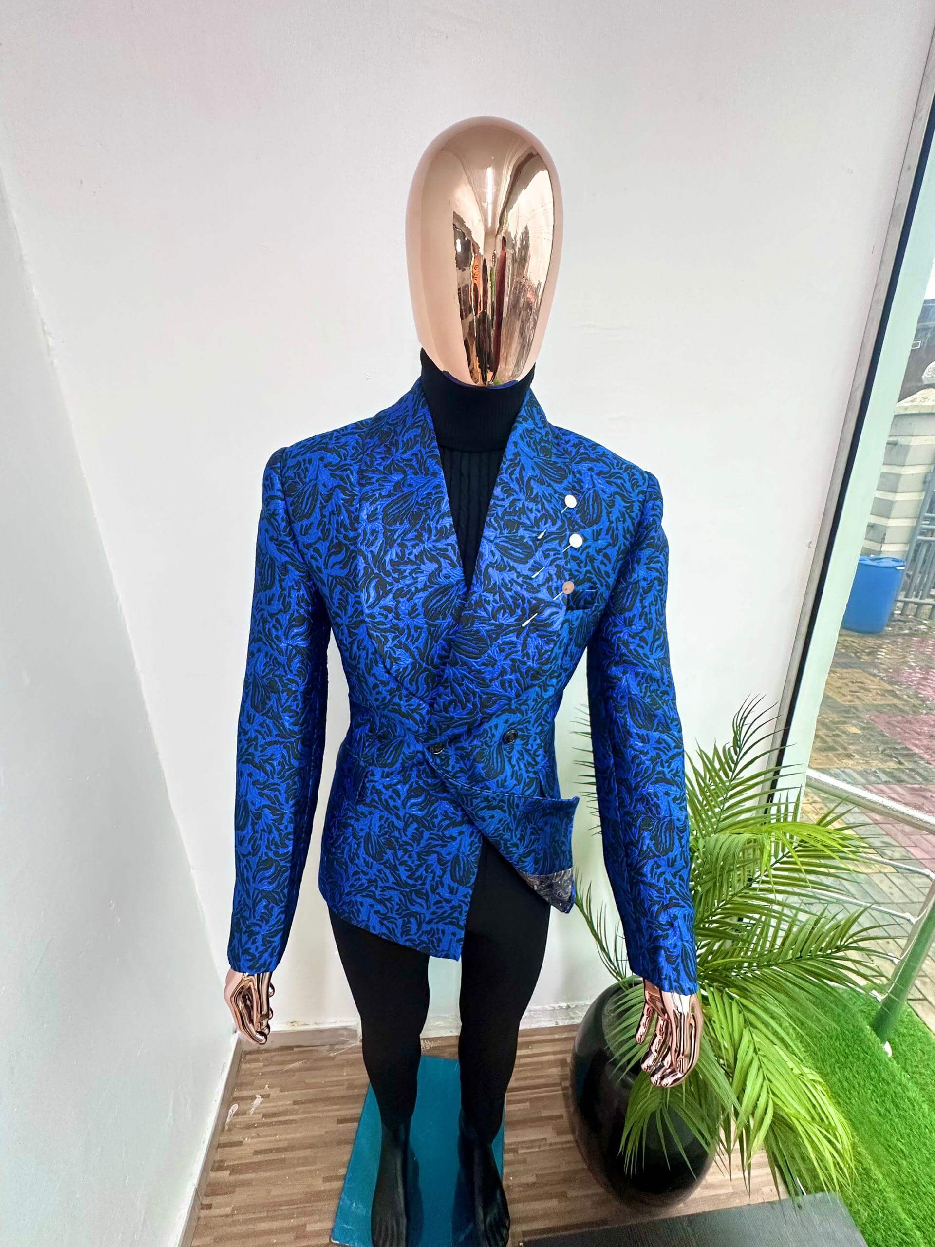 Blue Damask Blazer with Asymmetric Offset Closure