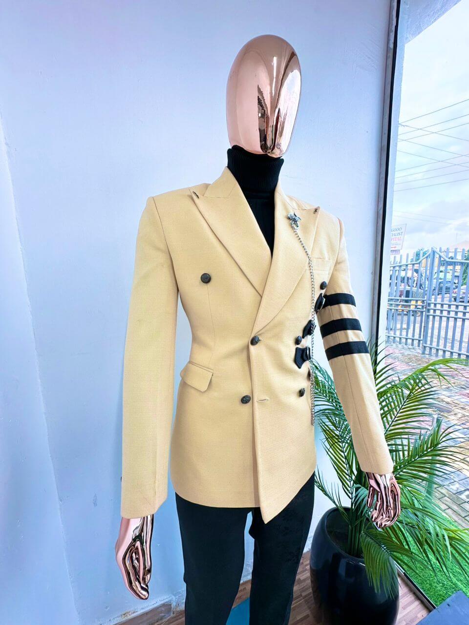 Tan Wool Blazer with Striped Sleeve Armband