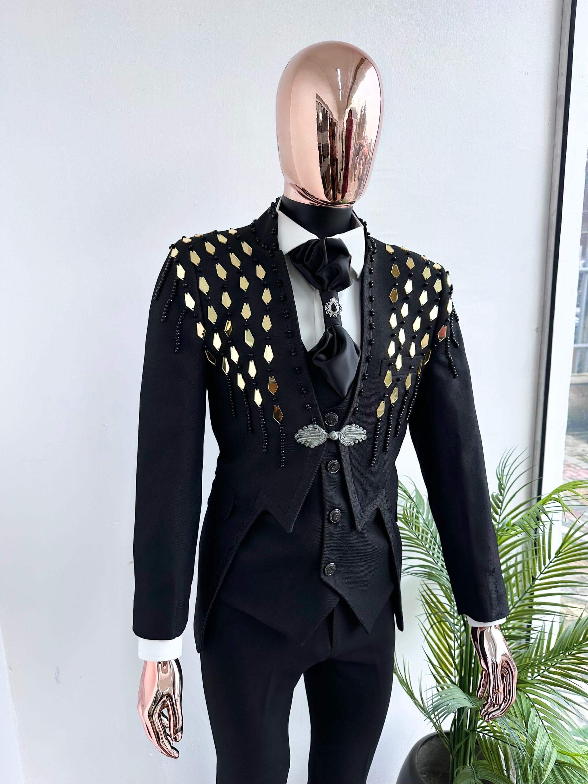 Black Tuxedo with Gold Mirror-Tile Beaded Fringe