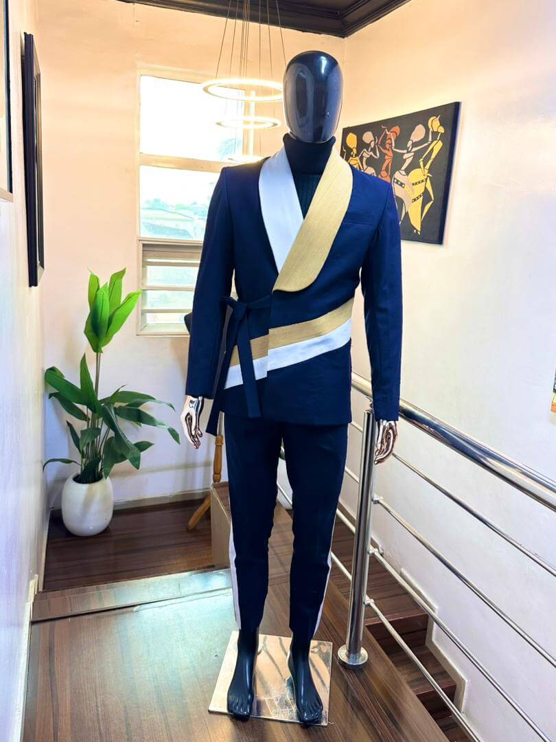 Navy Wool Wrap Blazer with Gold Lapel & Stripe Band