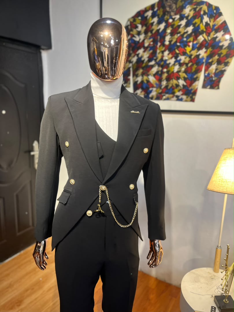 Black Wool Cutaway Blazer with Gold Coin Fob Chain