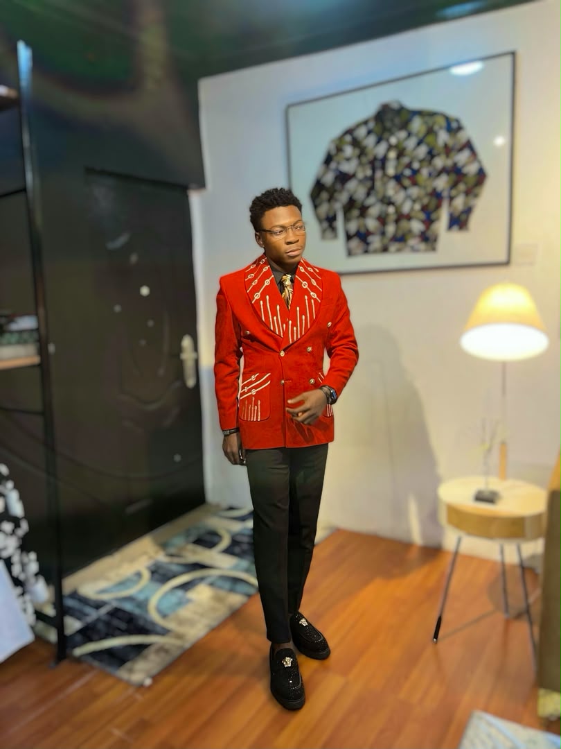Red Velvet Double-Breasted Blazer with Embroidered Peak Lapel