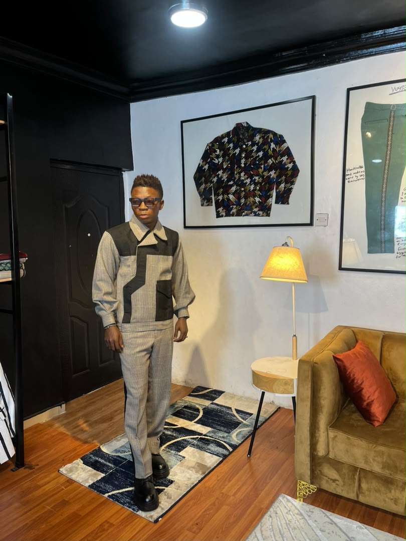 Grey Check Black-Panel Korean Crepe Casual Set | African Luxury Wear