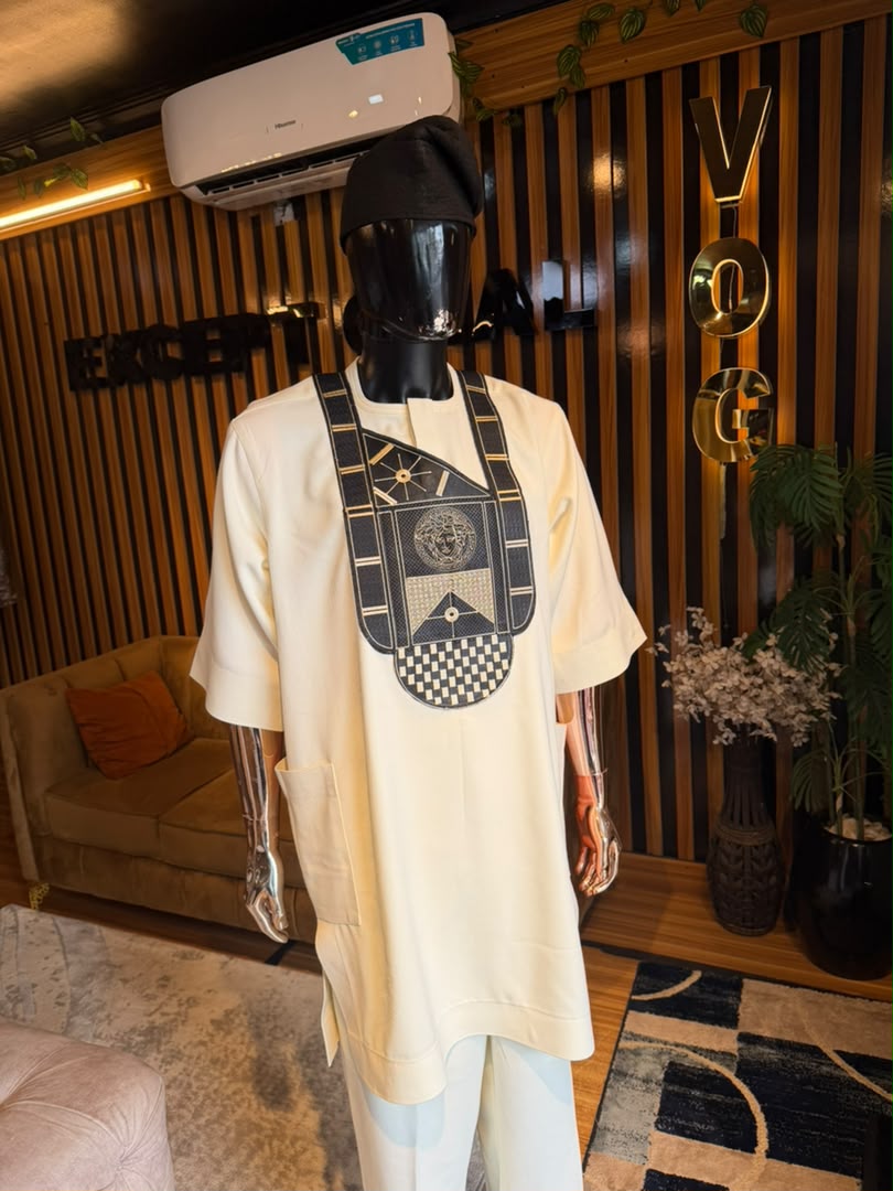 Cream Medallion Strap-Bib Cashmere Senator Wear | Nigerian Wedding